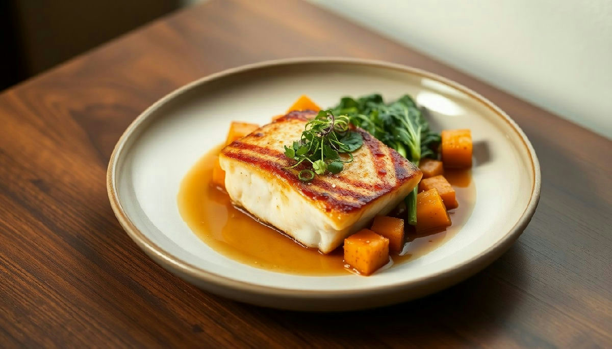 Pan-Seared Cod with Miso-Glazed Sweet Potatoes and Stir-Fried Bok Choy