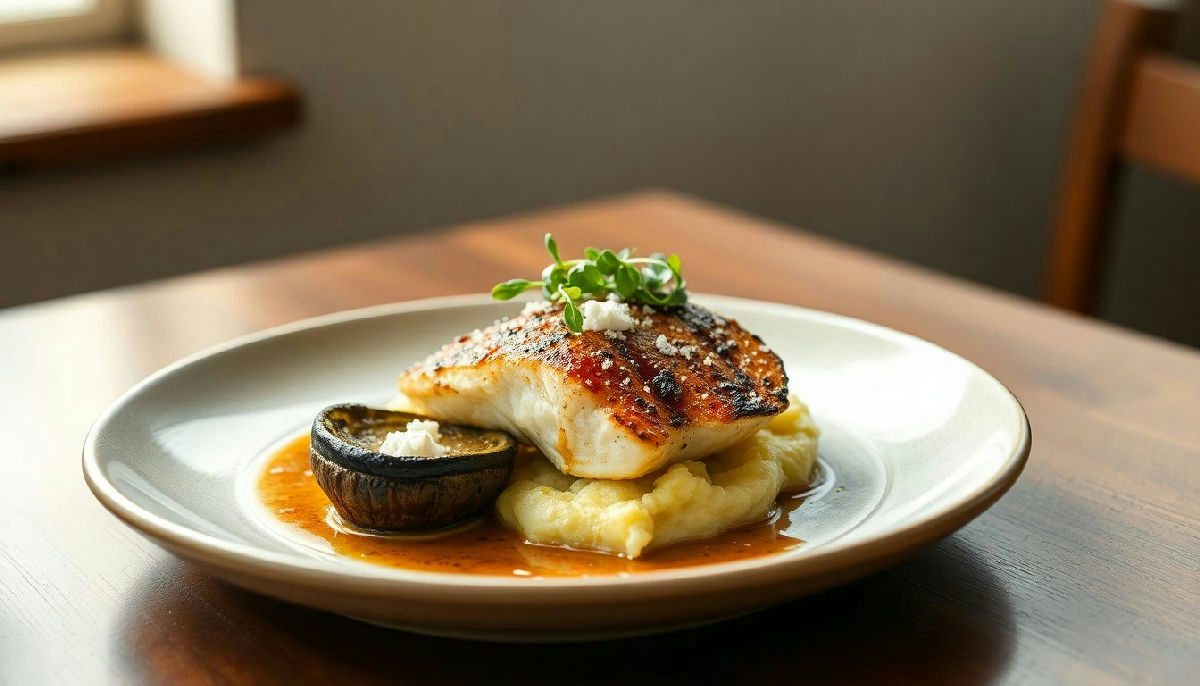 Grilled Sea Bass with Feta-Stuffed Portobellos and Garlic Mashed Potatoes
