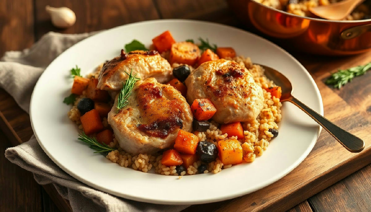 Roasted Turkey Thighs with Root Vegetables and Wild Rice