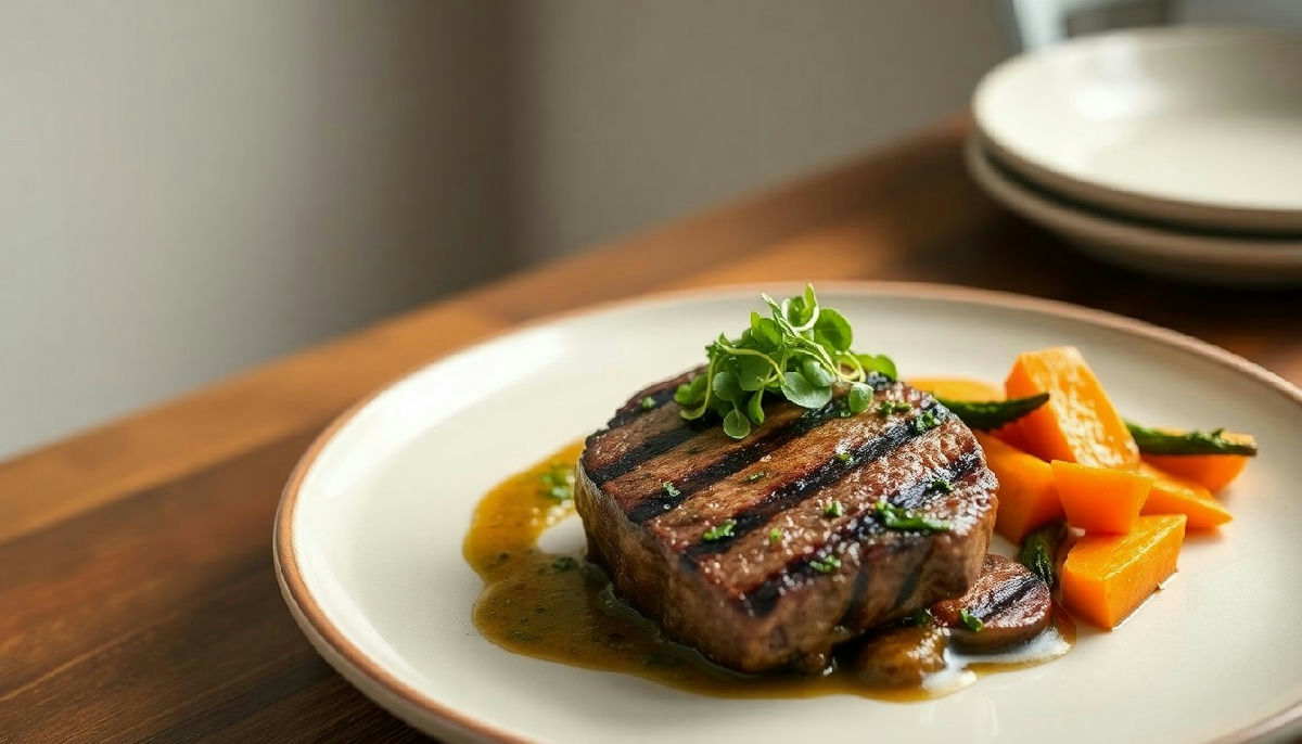 Grilled Ribeye with Chimichurri, Roasted Sweet Potatoes, and Sautéed Broccolini